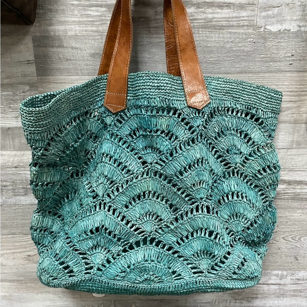 Tulip Handwoven Teal Crochet Shoulder Tote with Brown Leather Handles beach bag